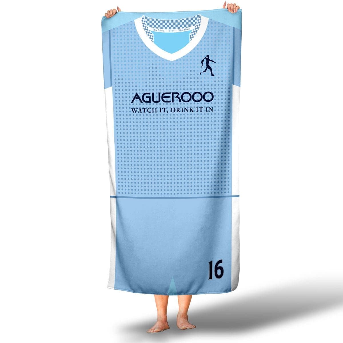 A lovely sky blue beach towel celebrating the 93:20 moment when Aguero scored for Manchester City to give them the title