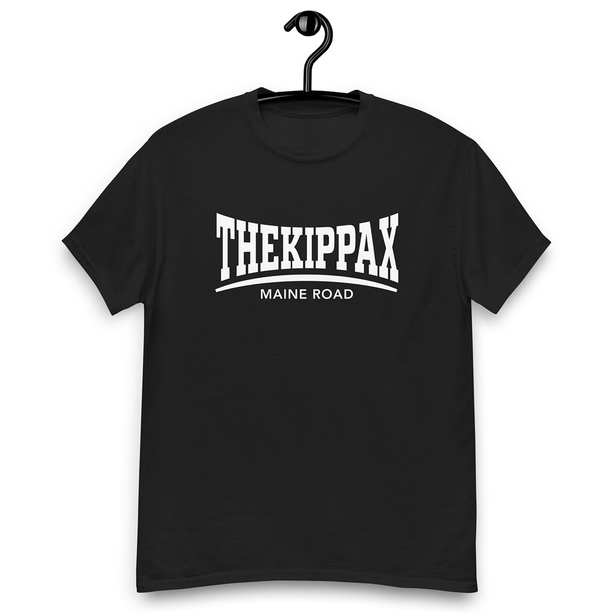 A premium black cotton t-shirt with 'The Kippax Maine Road' text on a hanger. Great t-shirt for Manchester City fans