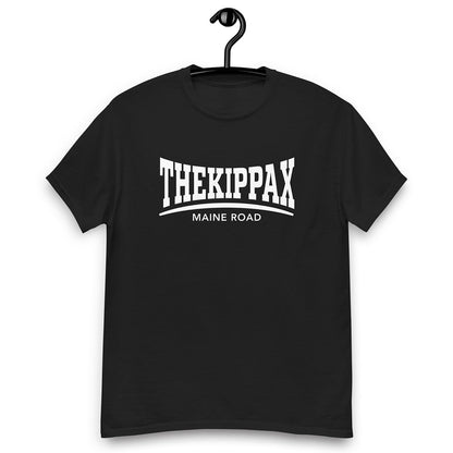 A premium black cotton t-shirt with 'The Kippax Maine Road' text on a hanger. Great t-shirt for Manchester City fans
