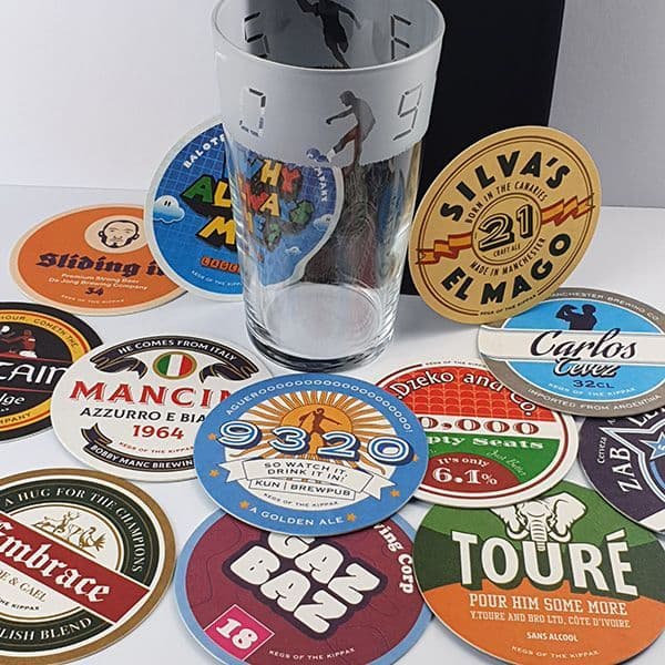 Sergio Aguero 93:20 goal pint glass with matching pack of 12 beer mats celebrating that iconic Manchester City moment